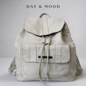 Day & Mood Giselle Leather Backpack Cream Drawstring Flap Bag Boho Minimalist Pu